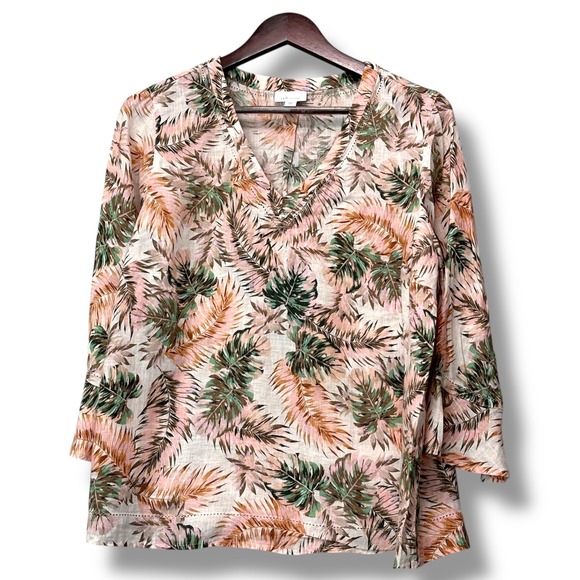 J.Jill Love Linen‎ Green Palm Print Tunic Top Petite Medium 100% Linen Resort - Picture 1 of 8